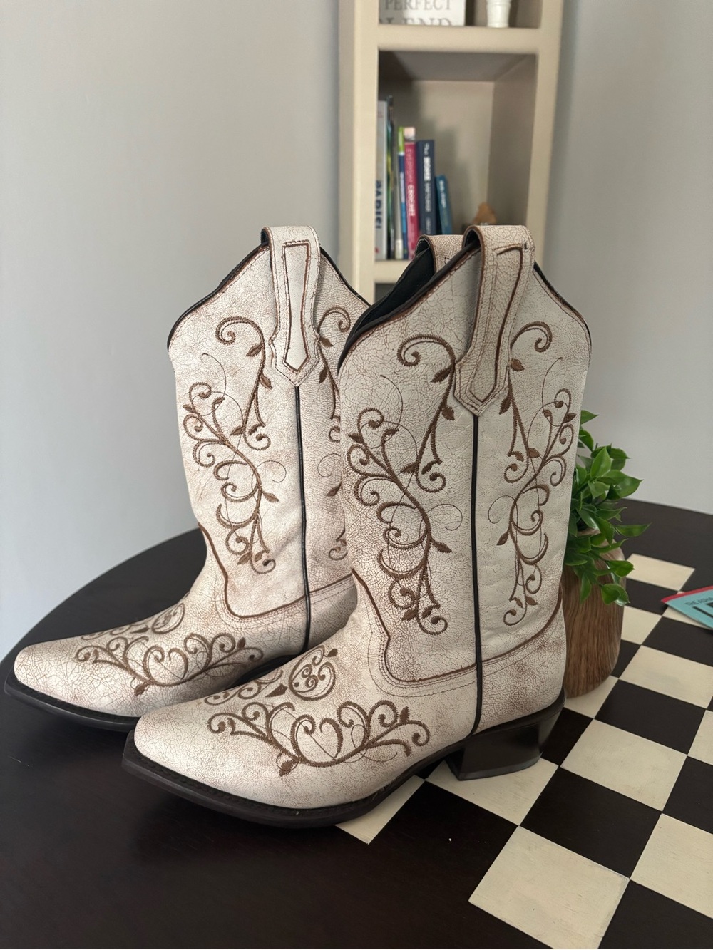 J.B. Dillon Cream Western Lace-Up Boots with Brown Embroidery